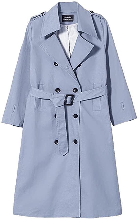 Trench coat azul claro com cinto e botões