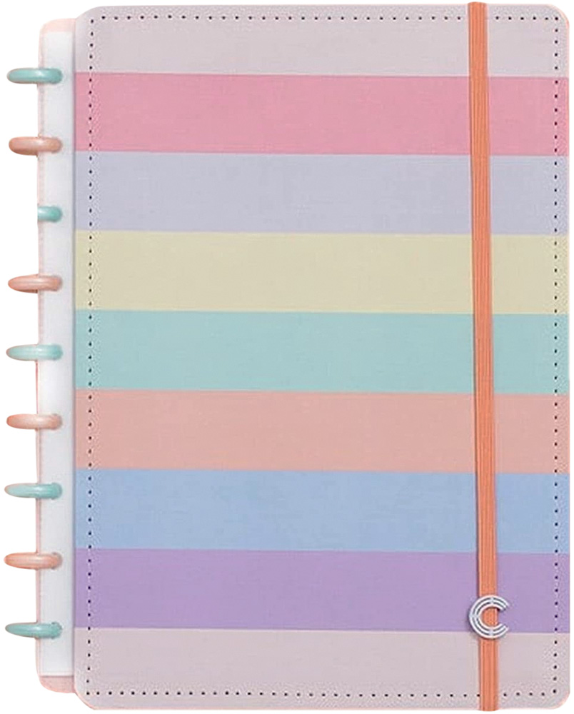 Caderno inteligente com capa acolchoada com listras em tons pastéis coloridos. Tem elástico tosa em volta para fechar