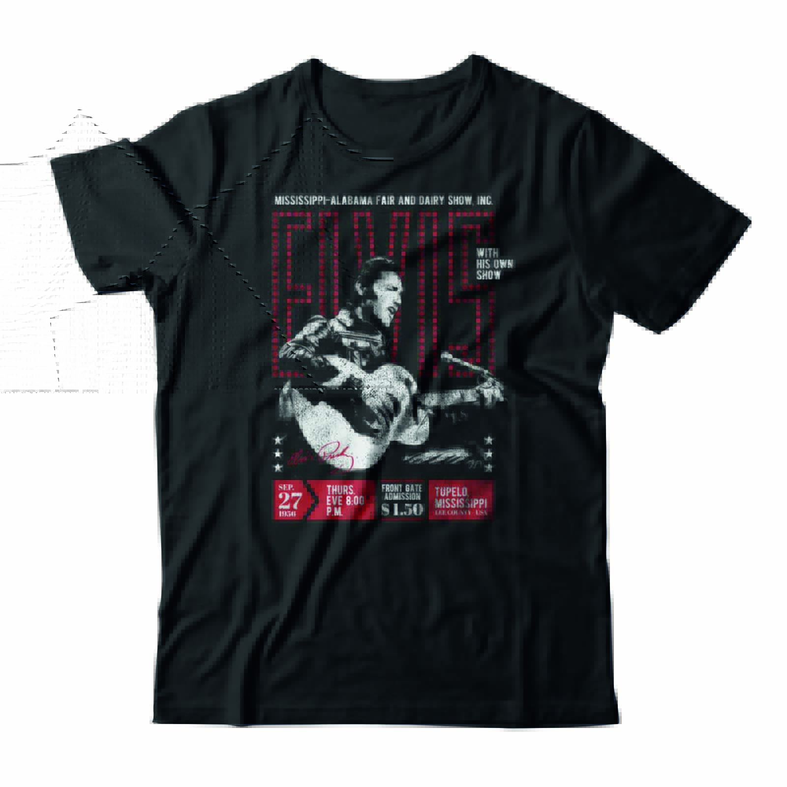 Camiseta Elvis Presley preta. Tem uma estampa do cantor tocando um violão e letras em vermelho