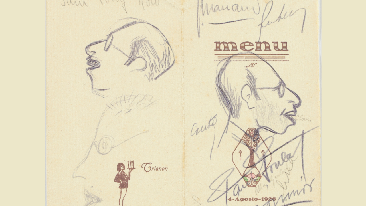 Cardápio da coleção de Mário de Andrade que integra a exposição no Paris 6. Capa do menu servido em 4 de agosto de 1926