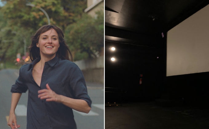 Duas imagens. À esquerda, uma mulher correndo em direção à câmera. À direita, uma sala de cinema escura, com a tela vazia