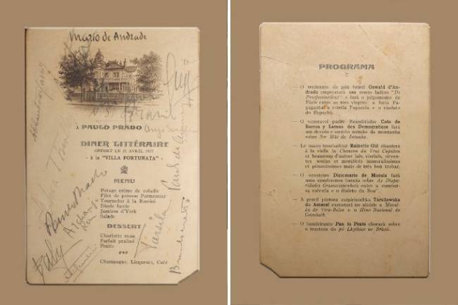 Cardápio 7 – Mario de Andrade Jantar literário em 21 de abril de 1927 especialmente dedicado ao escritor Paulo Prado. Traz assinaturas do participantes