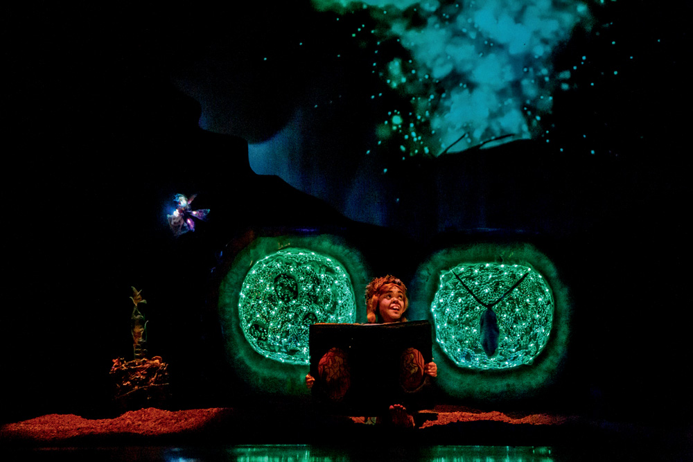 Juliana Caldas aparece vestida de ser mágico da natureza em um cenário mágico, com luzes verdes em volta. Ela segura um grande livro e está sentada no chão