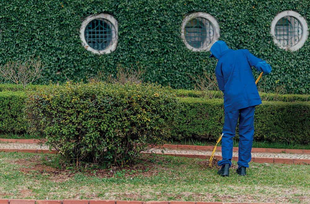 Imagem mostra pessoa cuidando de jardim, vestindo roupa de trabalho azul marinho
