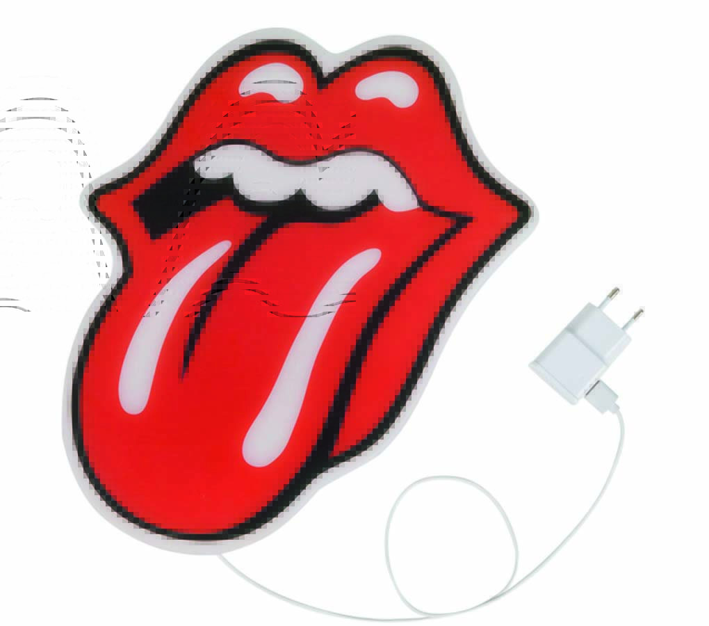 Luminária de parede com o símbolo da bosa vermelha com a língua para fora dos Rolling Stones