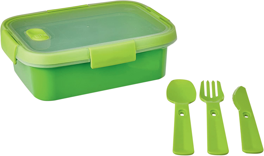 Pote verde limão com travas com uma colher, um garfo e uma faca da mesma cor dispostos ao lado