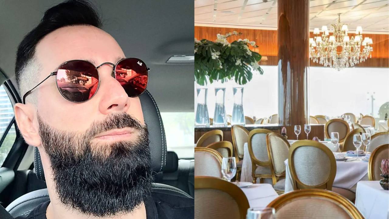 Montagem com rosto de homem de óculos escuro e salão de restaurante