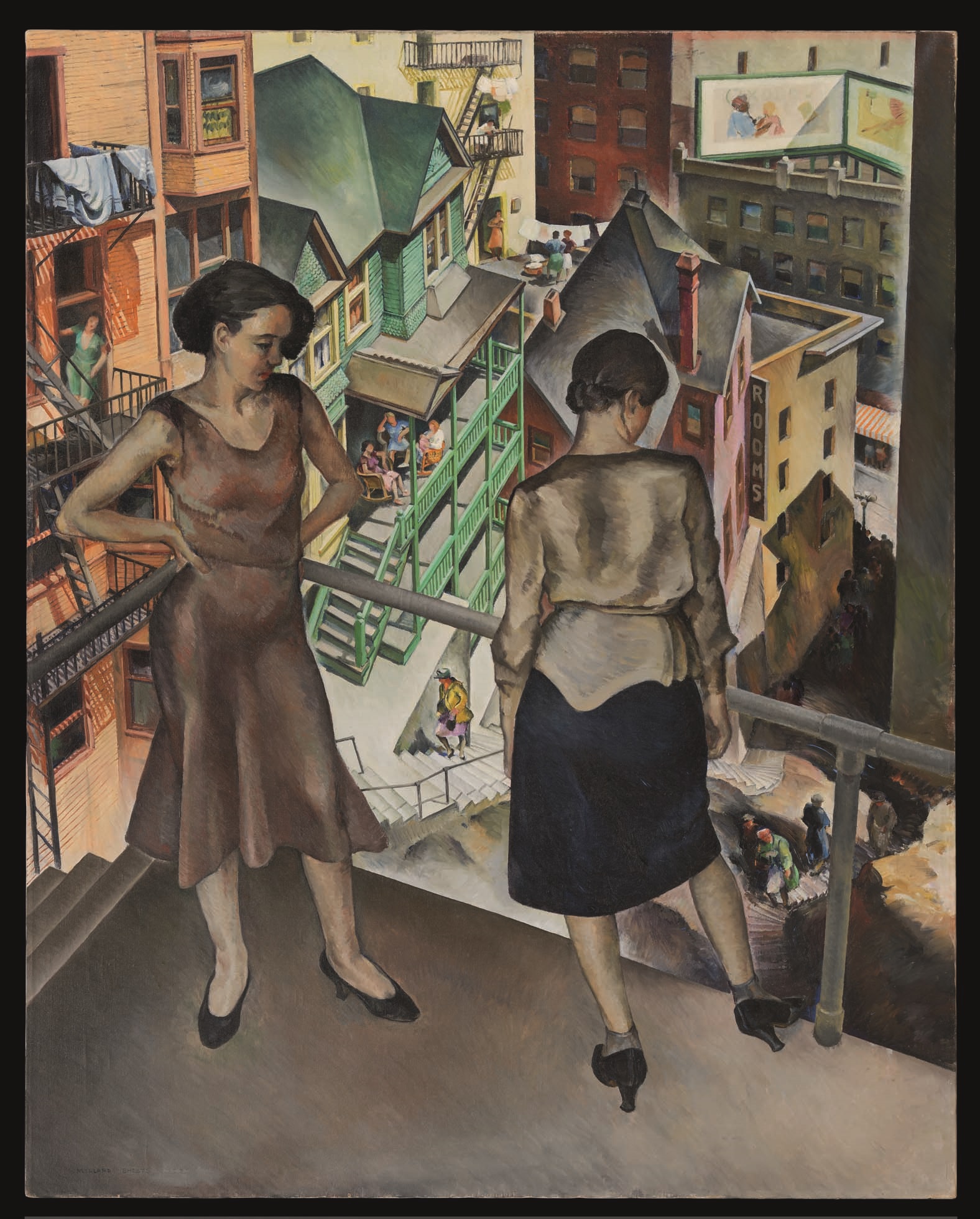 Pintura destaca duas mulheres em sacada.