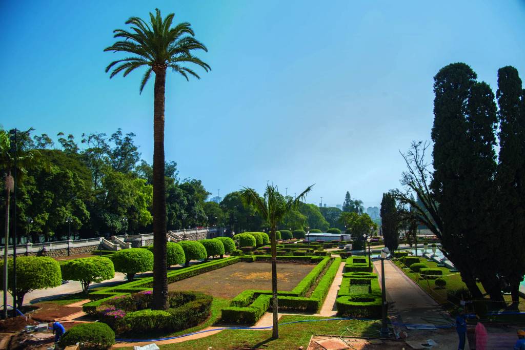 Imagem de jardim francês do Museu do Ipiranga com palmeira em destaque e céu bem azul.