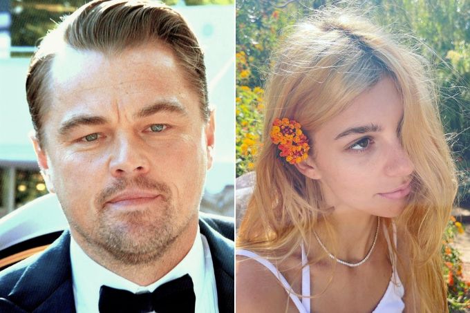 Montagem com foto de Leonardo DiCaprio usando terno à esquerda e de Camila Morrone com flor na orelha à direita.