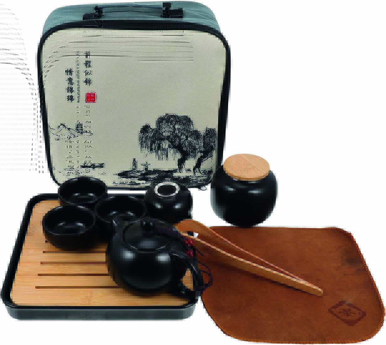 Imagem mostra jogo de chá preto e de madeira