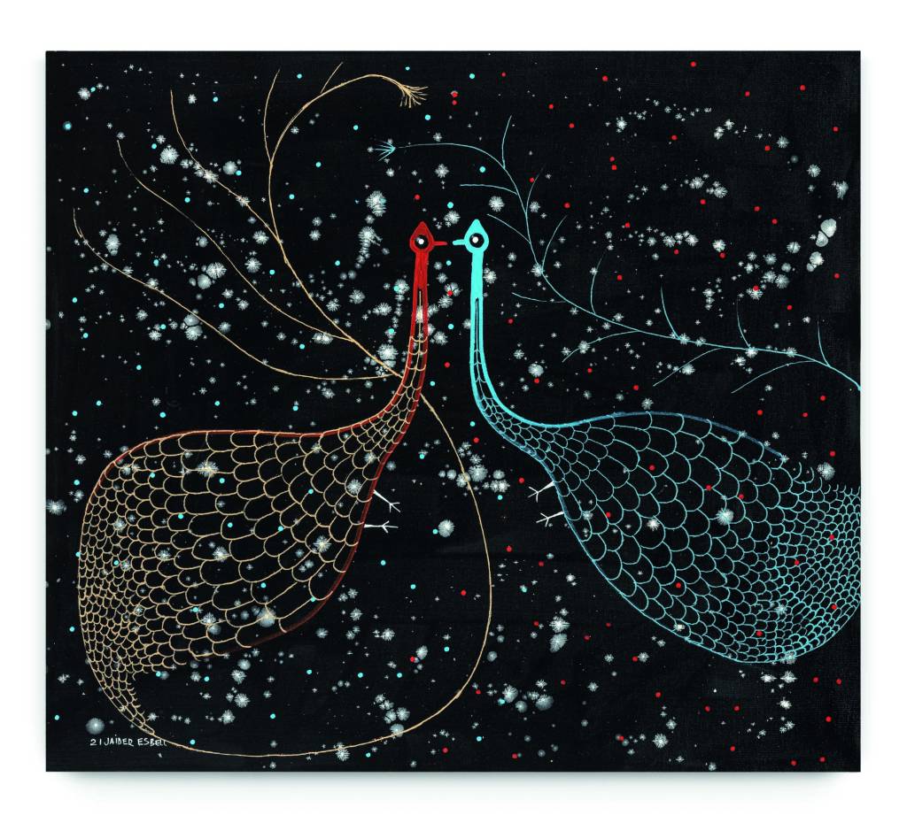 Potência indígena: "Os Avós das Aves" (2021), de Jaider Esbell, é uma das telas expostas pela galeria Millan