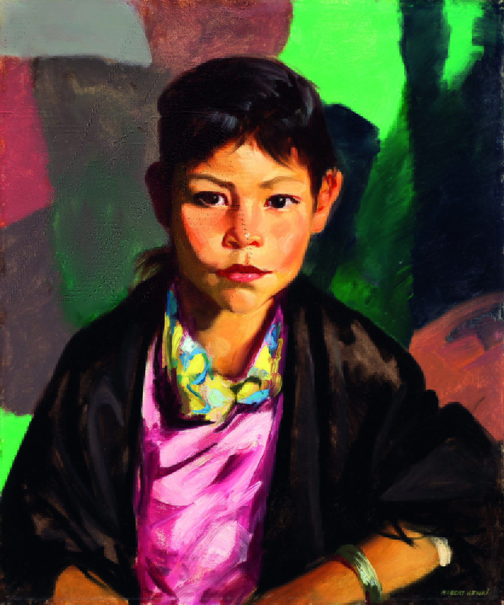 20.3.2 Menina de cabelo curto com roupa rosa e fundo colorido aparece em pintura.