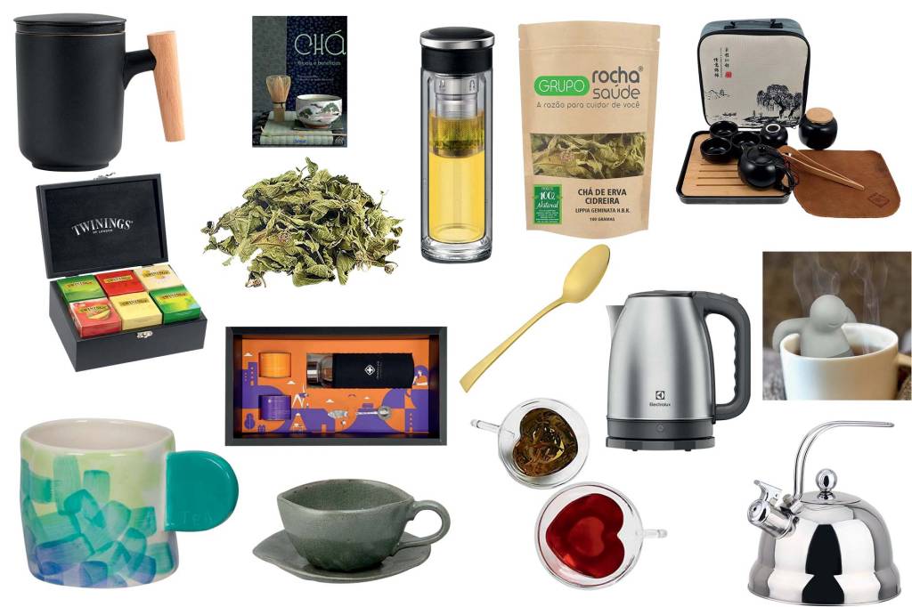 Imagem mostra montagem com diversos produtos de chá
