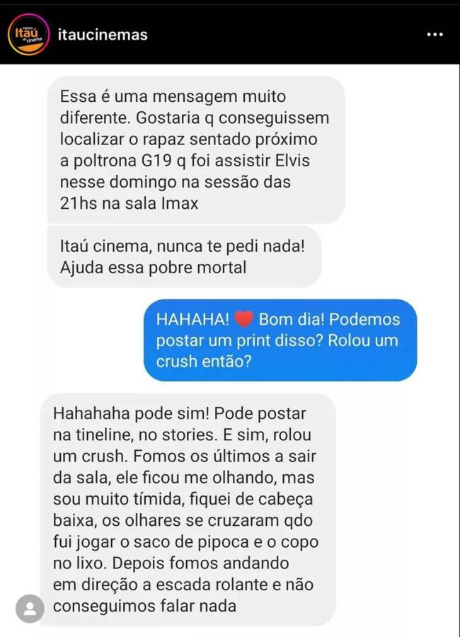 A imagem mostra um print de conversa entre uma cliente do Itaú Cinemas e o perfil da empresa