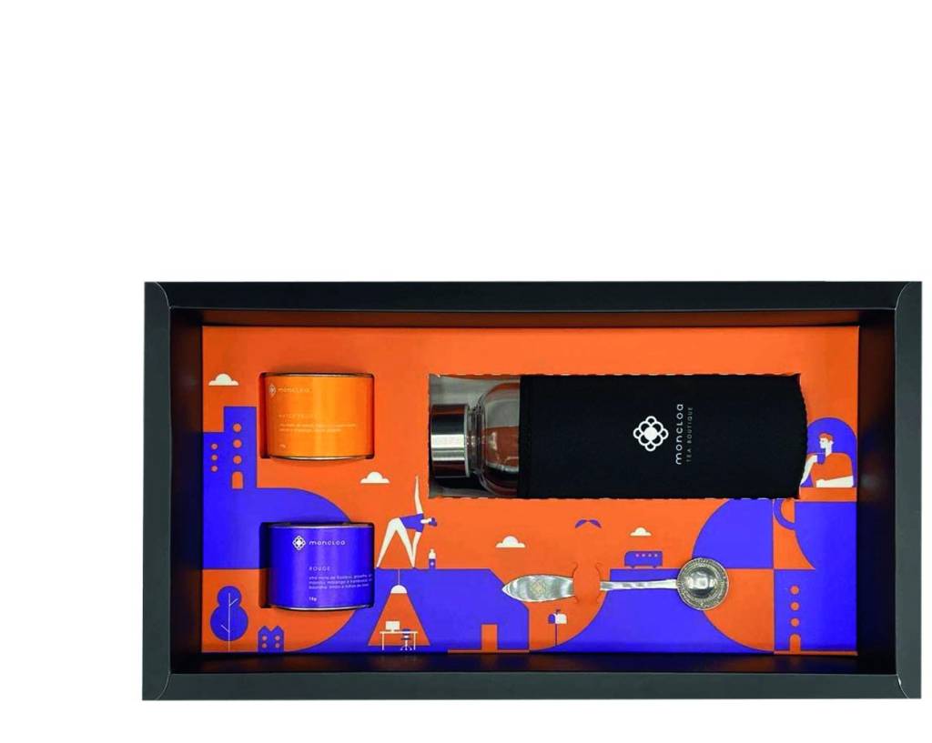 kit moncloa.jpg Imagem mostra kit de chá colorido em laranja e azul