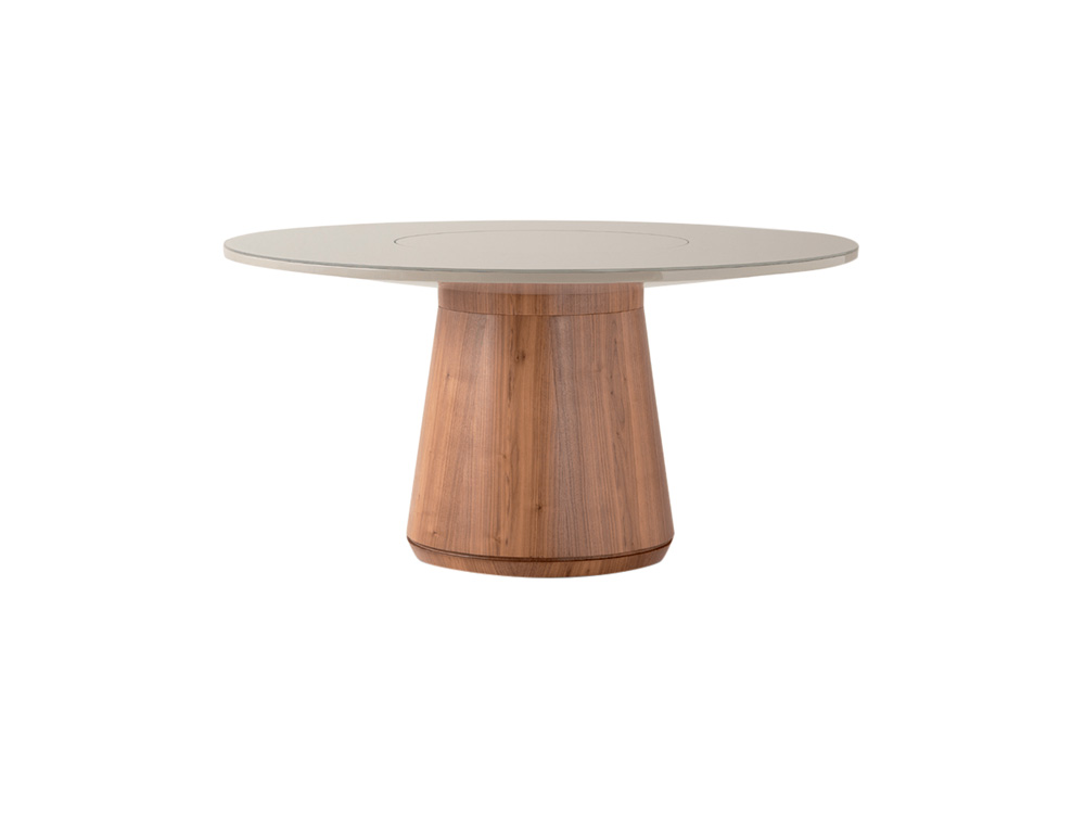 Mesa de jantar de madeira com tampo de vidro redondo