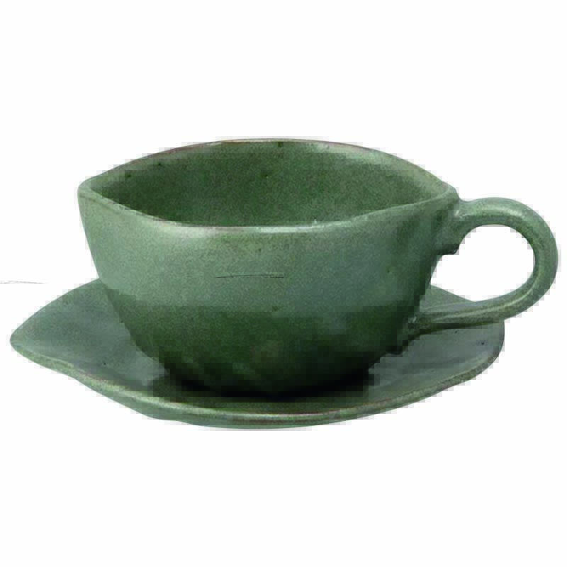 xicara e pires folha Imagem mostra xícara verde de cerâmica