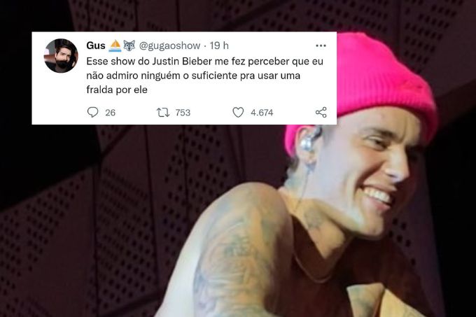 Montagem mostra foto de Justin Bieber usando gorro rosa e sorrindo e, sobre a foto, captura de tela de tuíte que diz "descobri que não sou fã o suficiente de ninguém para usar uma fralda por essa pessoa"