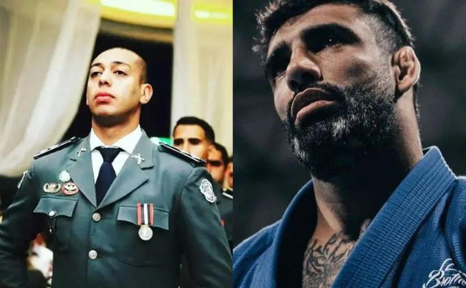 Duas imagens. À esquerda, policial de roupa militar, com os braços para trás. À direita, lutador de jiu-jitsu com kimono azul.