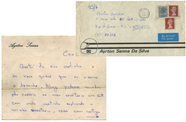 Outra traz a resposta de Ayrton Senna a uma fã, em 1986 (ao lado do envelope usado pelo piloto na ocasião). “No início da carreira, ele tinha tempo para respondê-las”, brinca o colecionador. Outra traz a resposta de Ayrton Senna a uma fã, em 1986 (ao lado do envelope usado pelo piloto na ocasião). “No início da carreira, ele tinha tempo para respondê-las”, brinca o colecionador.