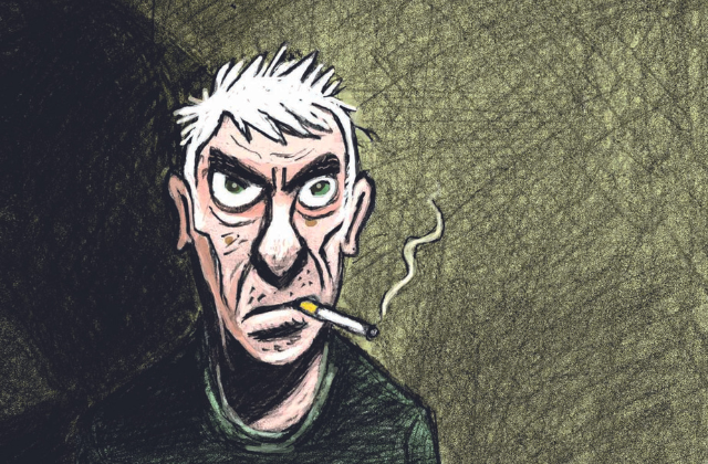 Imagem mostra caricatura de homem grisalho, com sobrancelhas franzidas, fumando um cigarro