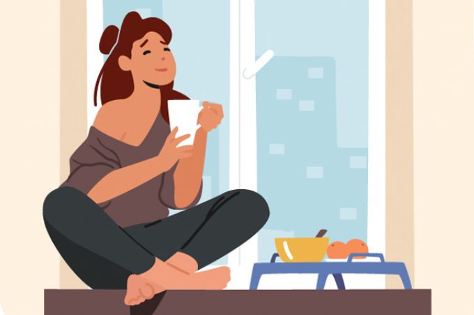 Desenho de uma mulher sentada na janela tomando café da manhã