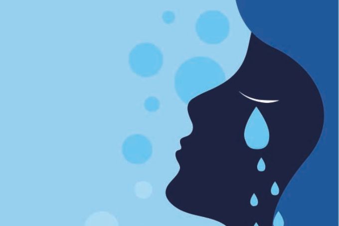 Desenho de uma mulher chorando, em tons de azul