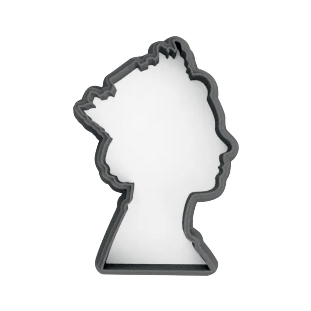 Cortador para biscoito cinza no formato do perfil da Rainha Elizabeth II