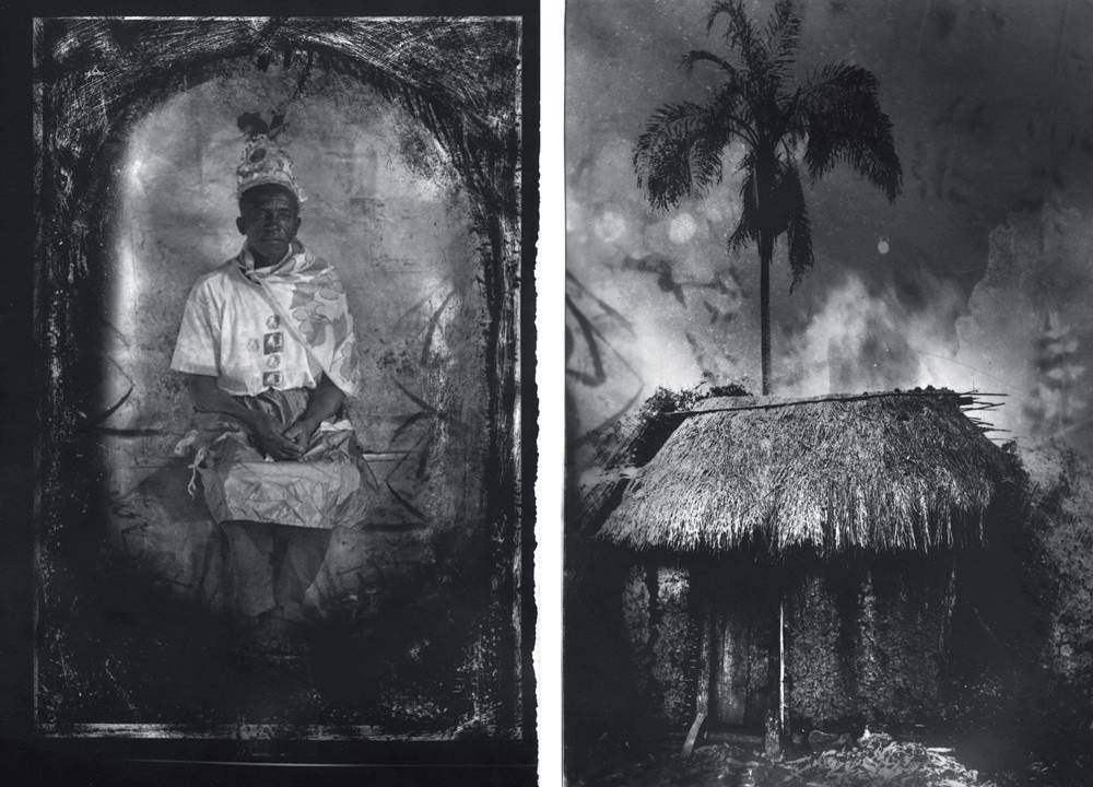 Imagem mostra fotografias em branco e preto. À esquerda, um homem sentado em uma cadeira, e à direita, um bangalô