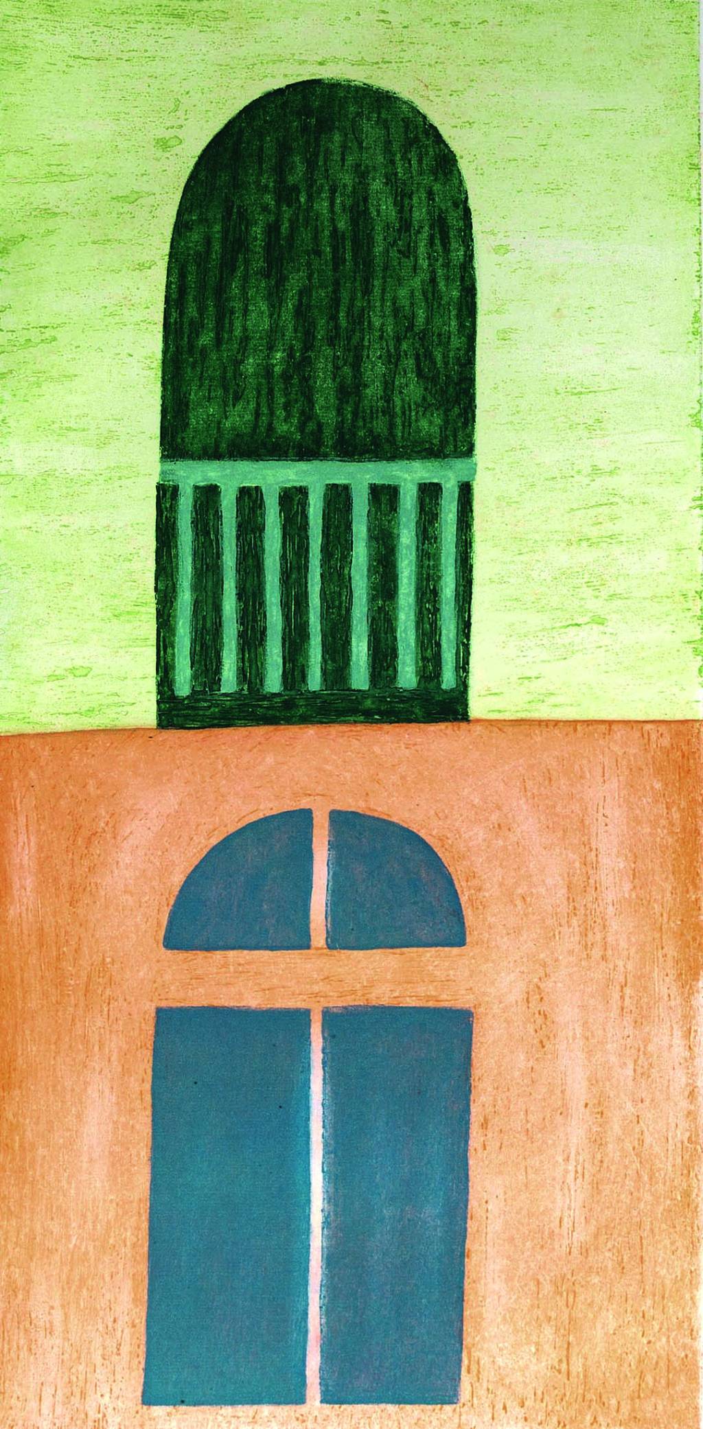 Quadro de Volpi. Uma casa verde e laranja com janela e porta