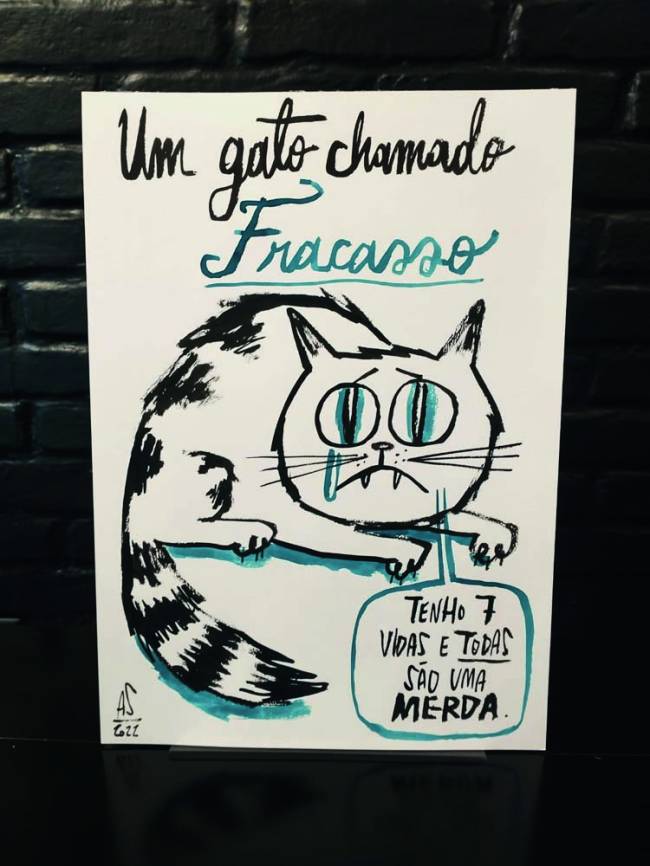 Desenho de Allan Sieber em preto e branco mostra gato chorando. O título é 