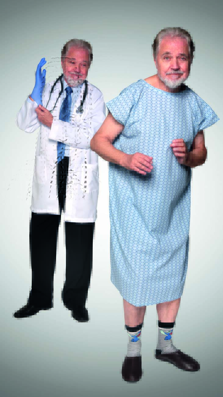 O ator Norival Rizzo em montagem em que aparece vestido de médico e, ao lado, vestido com traje cirúrgico. Ele é um homem branco, idoso e grisalho