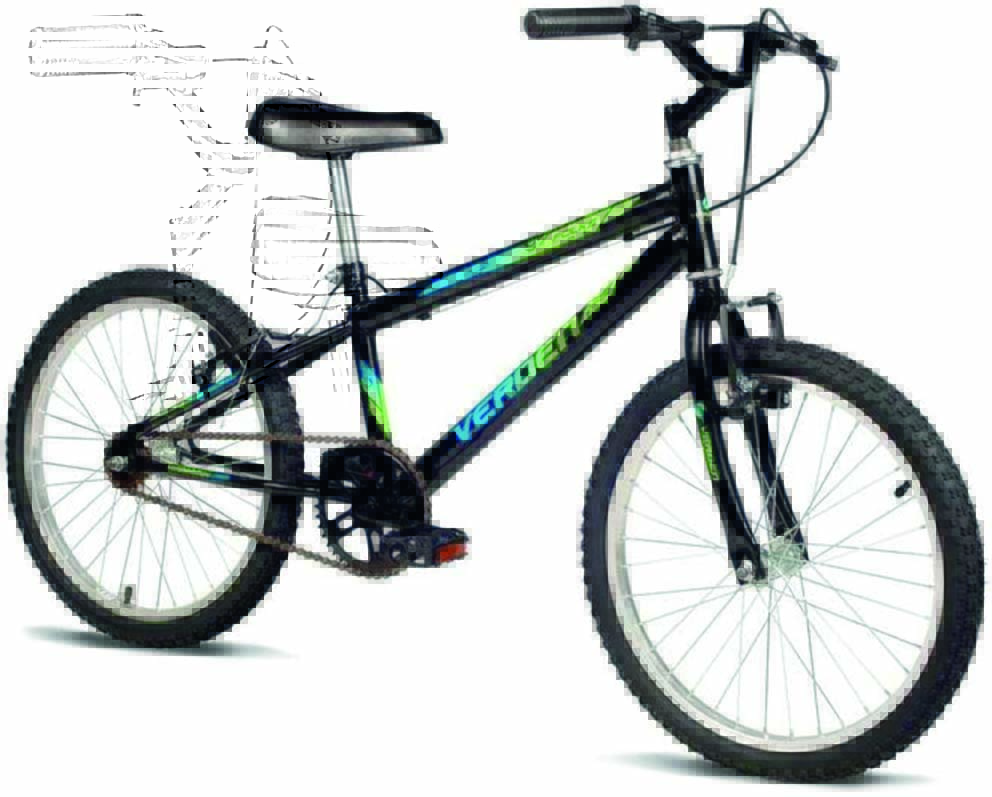Bicicleta infantil preta com detalhes em azul e verde