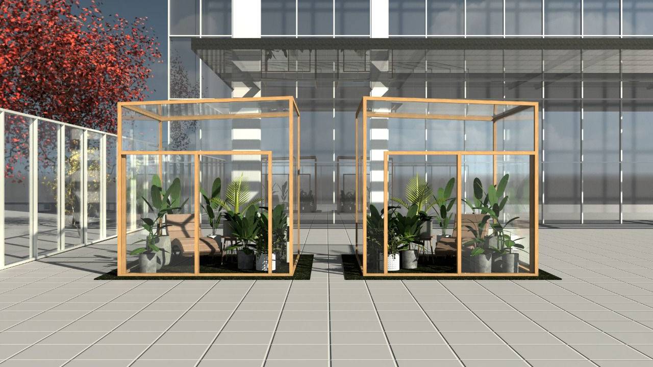 Imagem 3D de duas cabines com plantas e maca no meio da avenida Paulista.
