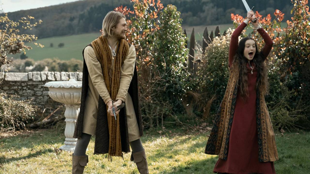 Bella Ramsey e Andrew Scott: homem e criança brincam de espadas e sorriem
