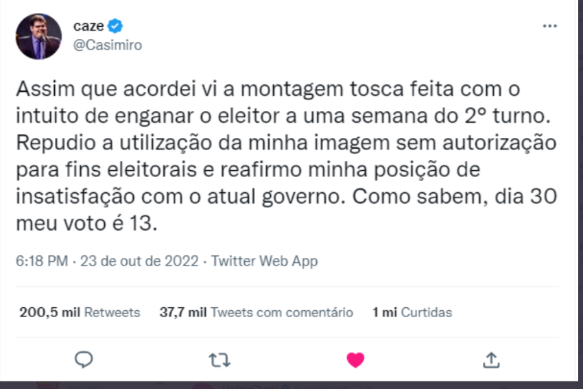 Post de Casimiro desmentindo Flavio Bolsonaro