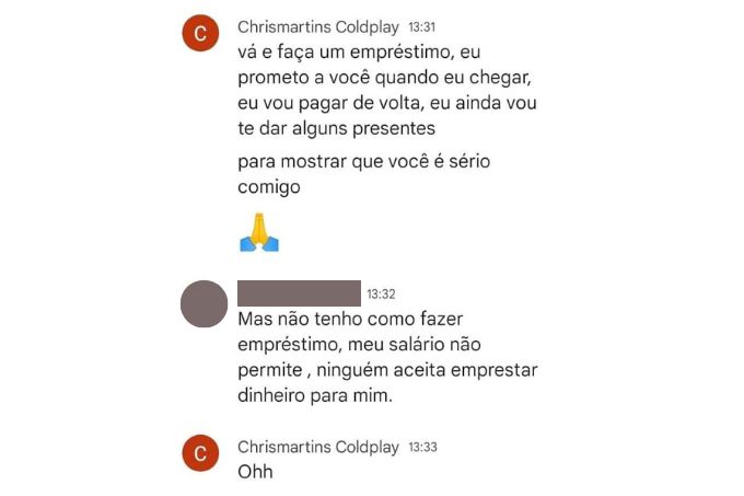 Captura de tela de conversa de aposentada com Chris Martin