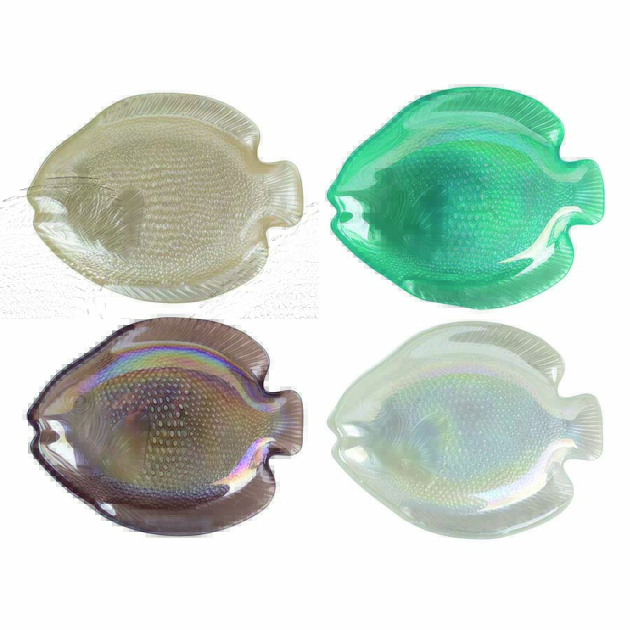 Quatro petisqueiras de vidro em formato de peixe. São peroladas e cada uma tem uma cor