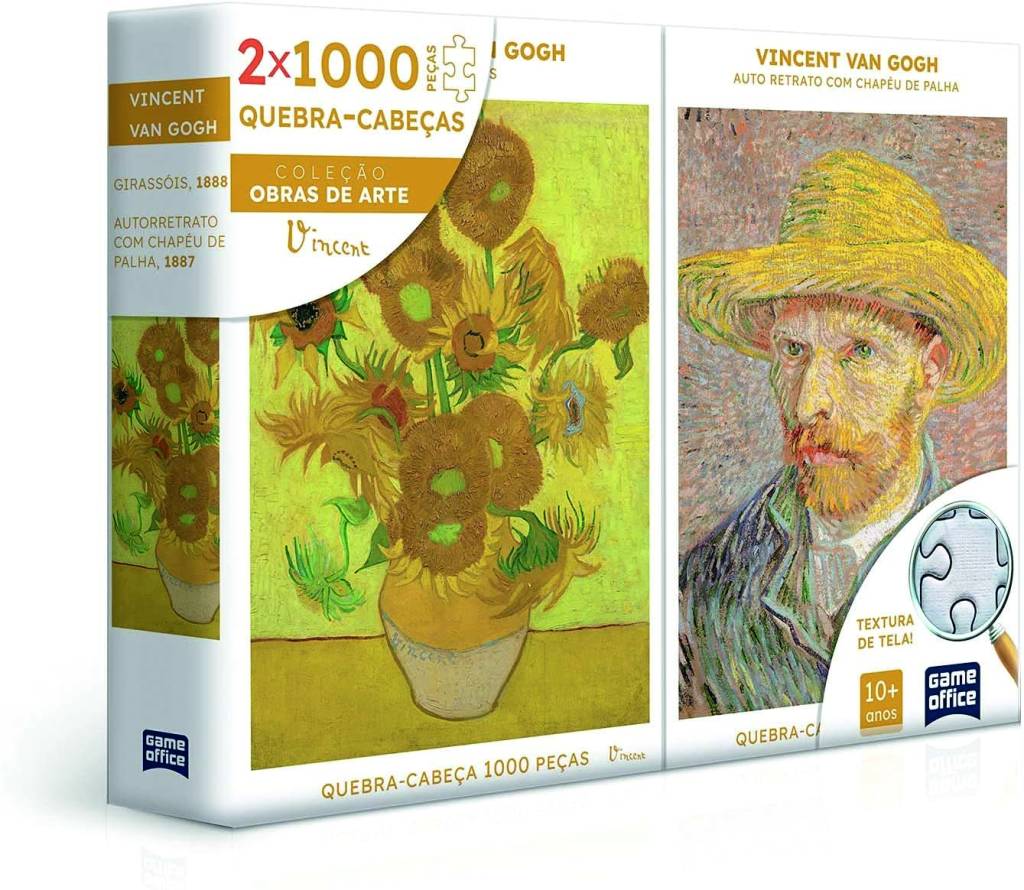 Caixa de quebra-cabeça do Van Gogh. Dá para montar seu auto-retrato e uma tela com girassóis