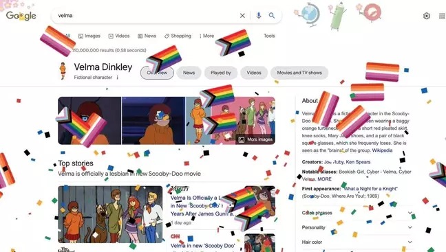 Captura de tela de busca do Google com bandeiras LGBT e do orgulho lésbico caindo pela tela.