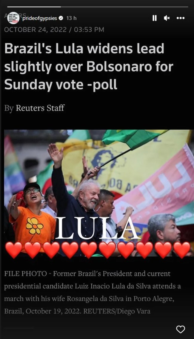 Jason Momoa em publicação que declara apoio a Lula