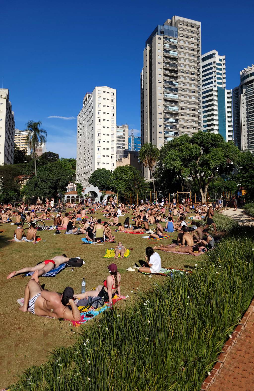 Pessoas deitadas e sentadas no chão e em cadeiras de praia tomam sol no Parque Augusta. A maioria usa roupas de praia