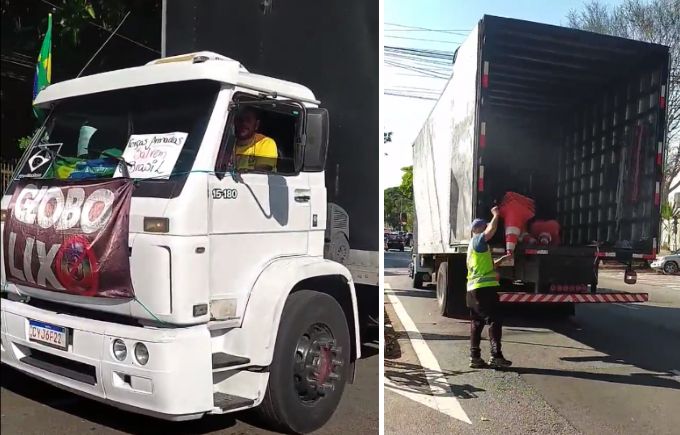 Veiculo que recolhe cones da ciclofaixa de lazer com mensagens golpistas