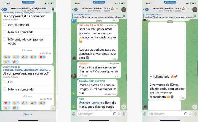 Três printscreens de mensagens em grupo do aplicativo Telegram