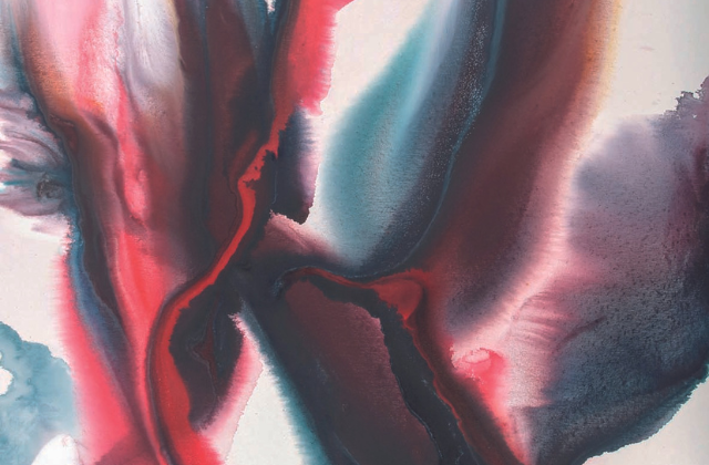 Imagem mostra pintura de cores vermelha, preta e azul