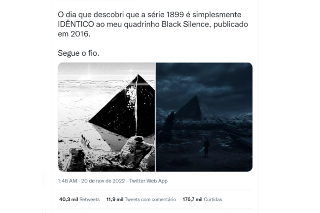 A cartunista em relato no Twitter em que mostra uma pirâmide de sua série semelhante ao da obra lançada pela Netflix
