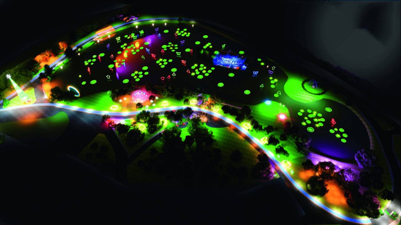 Imagem mostra representação 3D de parque com luzes e árvore de Natal.