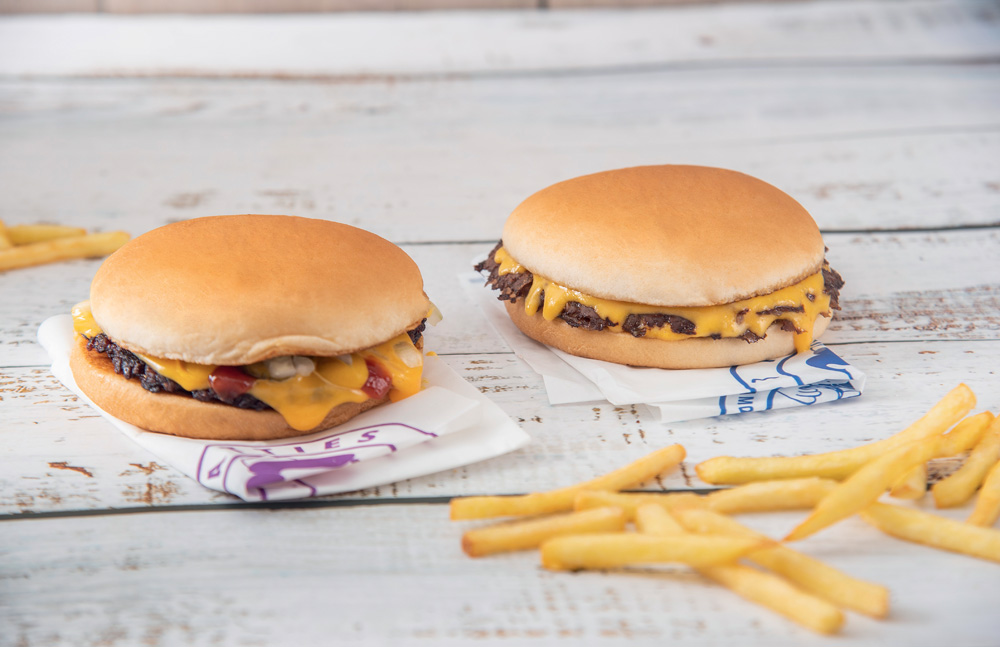 Imagem mostra dois hambúrgueres e um punhado de batatas fritas ao lado