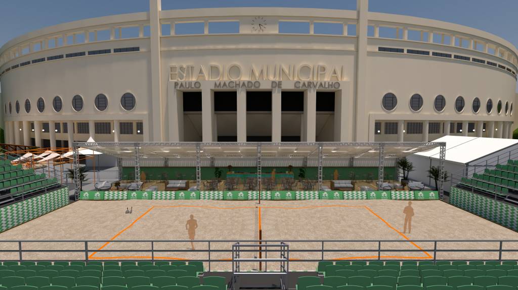 Projeção 3D de projeto Praia de Paulista com área fechada em frente ao Estádio Pacaembu. A foto exibe fachada do estádio com estrutura de quadra de areia em frente.